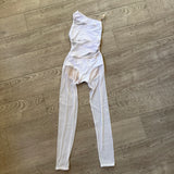 AA Dance Costumes, Mesh Legs Back Detail Shell Unitard in White, AXS