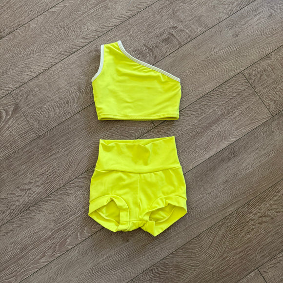 Chelsea B, One Shoulder Crop Top and Shorts Set in Neon Yellow, CS Child 6/7 - Final Sale