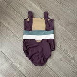 Five Dancewear, Plum Leotard with White and Olive Strips, Child 5/6 - Final Sale