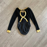 Five Dancewear, Mesh Sleeves Gold Trim Black Leotard, PA Child 12/14