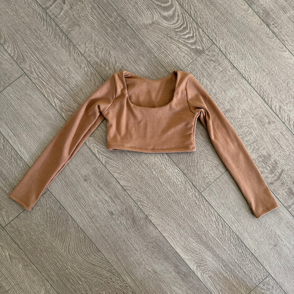 Tiger Friday, Honest Long Sleeved Crop Top in Ribbed Latte Brown, CXL Child 10/12