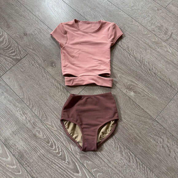 Five Dancewear, Ribbed Crop Top and Booty Briefs Set in Mauve Pink, YM Child 5/6 - Final Sale