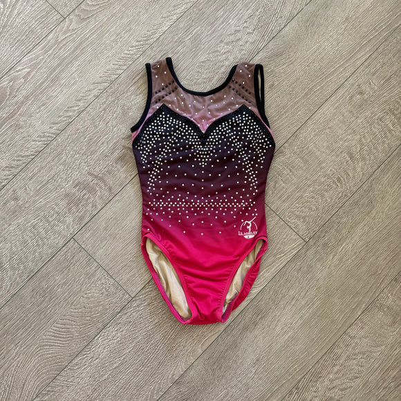 Lila Chelene, Black Red Ombre Gymnastics Leotard with Crystals, Child 9/10 - Final Sale