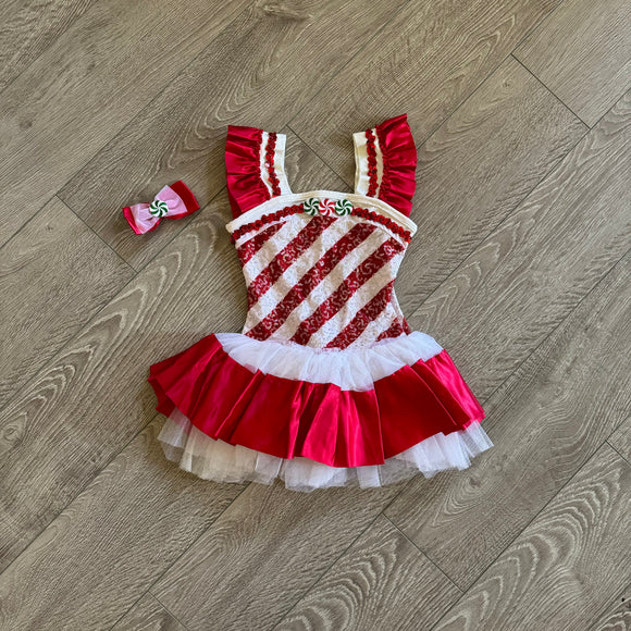 Curtain Call, Christmas Candy Cane Red White Tutu Dress with Matching Bow, Child 5/6
