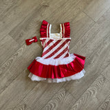 Curtain Call, Christmas Candy Cane Red White Tutu Dress with Matching Bow, Child 5/6