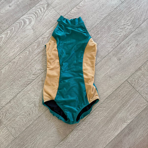 Patrick J, Open Back Mesh Sides Leotard in Emerald Teal Green, AXS Child 10/12 - Final Sale