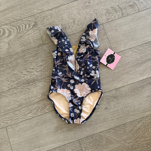 Kandi Kouture, Aria Ruffle Leotard in Vintage Navy Floral, CM Child 5/6