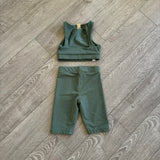 SimplyBE, BErefined Ribbed Crop Top and Biker Shorts Set in Olive Green, YM Child 8/10