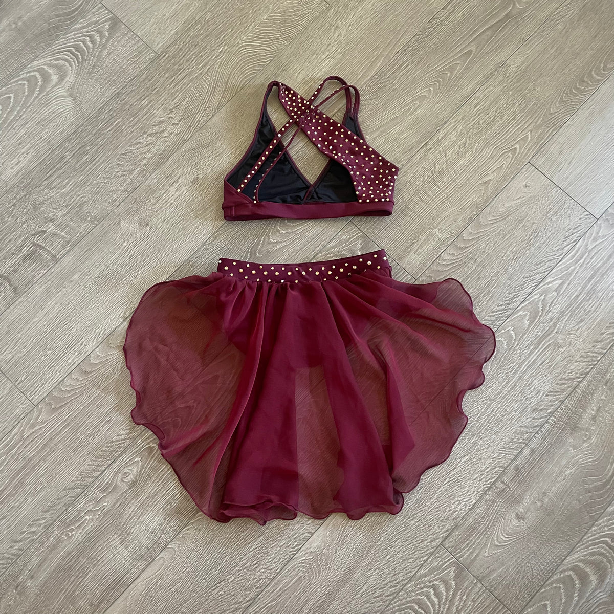 AA Dance, Semi Custom Costume Rain Set with Skirt in Wine Red, AS Wome