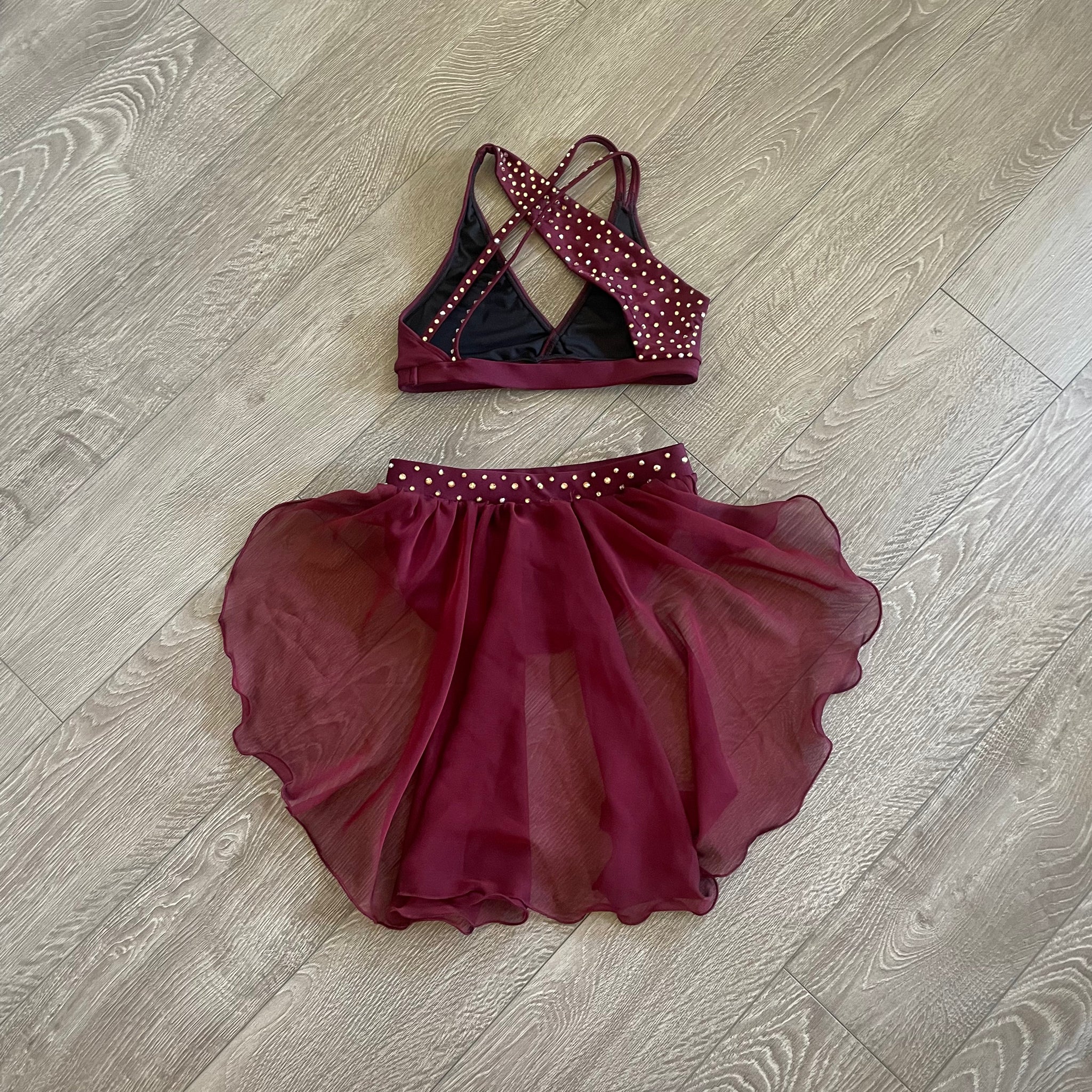 AA Dance Semi Custom Costume Rain Set with Skirt in Wine Red AS Wome Dancewear Resale 3.0