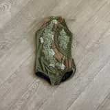 AA Dance, Semi Custom Twinkle Leotard Costume in Olive Green and Nude Mesh, AS Women's 2/4