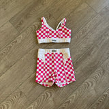 Five Dancewear, Xenas Bra and Aura Biker Shorts in Checkered Pink, YXL Child 10 - Final Sale