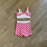 Five Dancewear, Xenas Bra and Aura Biker Shorts in Checkered Pink, YXL Child 10 - Final Sale