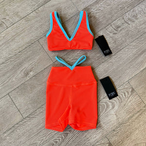 Five Dancewear, V Ribbed Bralette and Shorts Set in Neon Orange, YXL Child 10 - Final Sale