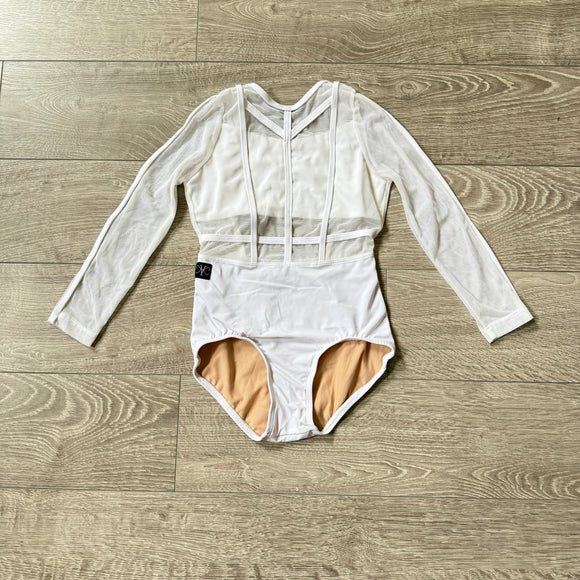 Kandi Kouture, Long Mesh Sleeve Leotard in White, CXL Child 10 - Final Sale