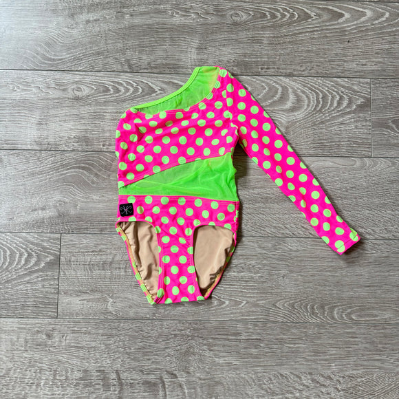 Kandi Kouture, One Sleeve Mesh Detail Neon Pink Green Leotard, CM Child 5/6