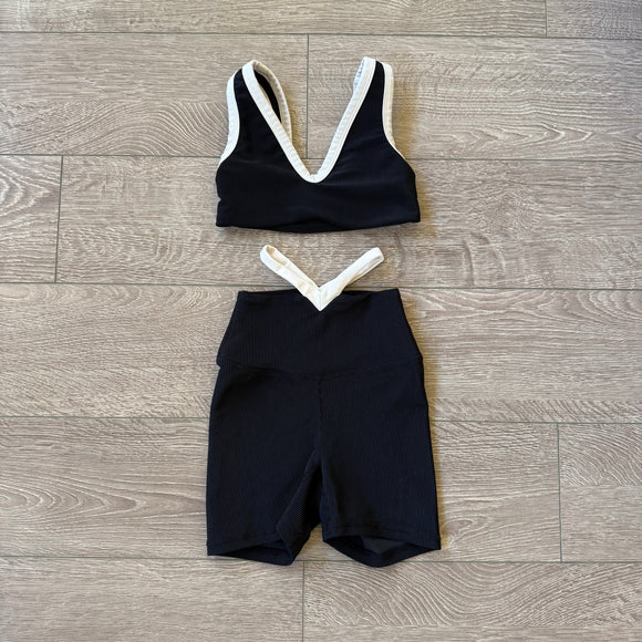 Five Dancewear, V Ribbed Bralette and Shorts Set in Black White, YL Child 7/8