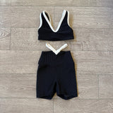 Five Dancewear, V Ribbed Bralette and Shorts Set in Black White, YL Child 7/8