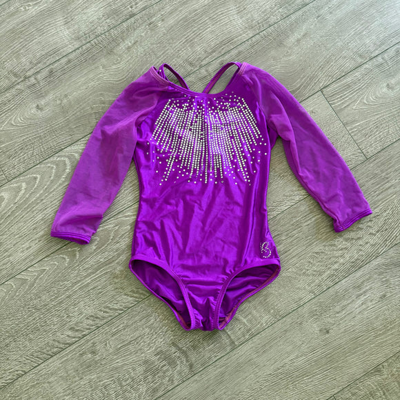 k-Bee, Mesh Long Sleeves Rhinestone Competition Leotard in Violet Purple, Child 8/10 - Final Sale