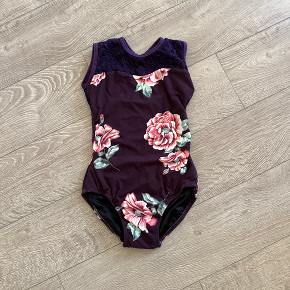 Chelsea B, Open Back Mesh Detail Floral Leotard in Plum Purple, CL Child 10/12 - Final Sale