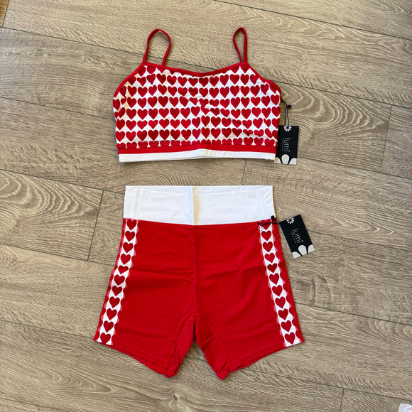 Lumi Collective, Heart Print Top and Shorts Set in Red White, Size AL