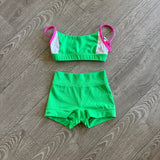 Jo+Jax Dancewear, Crop Top and Shorts Set in Green White Pink, YL 