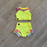 Kandi Kouture Dancewear, Open Back Bright Yellow Dance Set with Floral Mesh Cute Girls Active Wear
