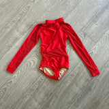 LA Dance Designs costume base, Unique Back Long Sleeve Leotard in Red, mesh detail