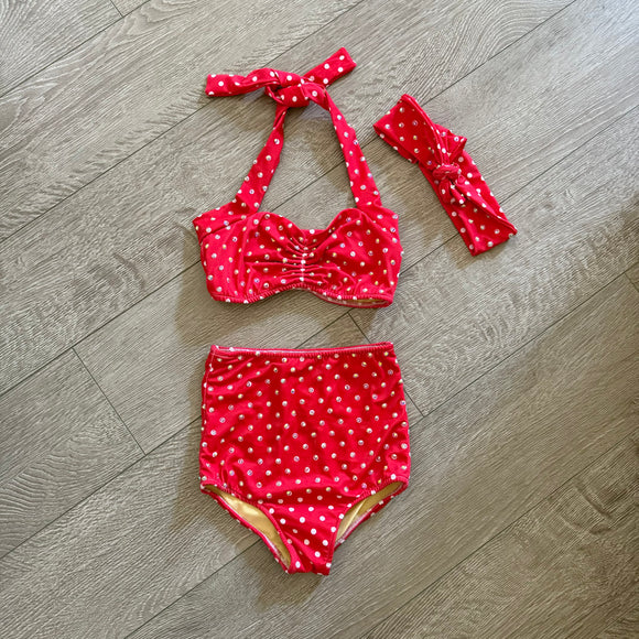 Red Dolly, 2 Piece dance Swimwear Costume with Stones and Matching Headband