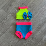 Summer Sky, Open Back Neon Yellow Orange Blue Bow Set, CS