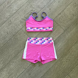 XO Dancewear, Check Me Out Top and Checkmate Shorts set in Pink