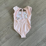 Mirella, Mesh Cap Sleeve Rose Lace Leotard in Pink, Child 8/10