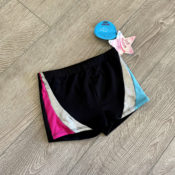 Jacques Moret Kids, Black Gym Shorts with Silver Blue Pink, CS 5/6