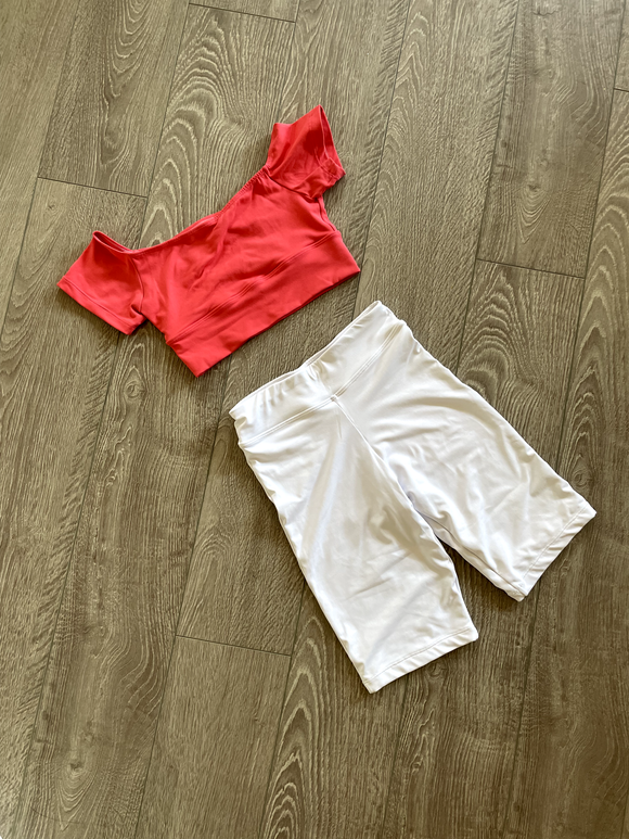 CY Dancewear, Orange Crop Top and White Biker Shorts Set, AS Women's 0/2